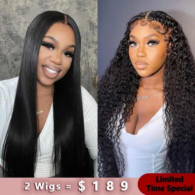 2Wigs = $189 | 13x6 HD Lace Water Wave Wig + V-part Straight 100% Human Hair Wig