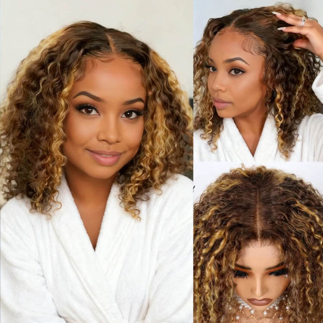 Brown ombré honey short curly bob wig 2020 ASPECIALUNIT-Malaysian Hair Ombre Curly Bob Lace Front Wig  main image 3