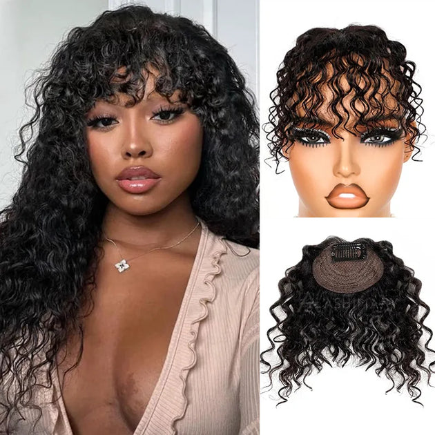 Curly Bangs Clip In Bang with Temples Hand-Tied Melt Lace Human Hair E ...