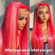 Barbie-Pink-Highlight-Straight-Hair-13x4-Transparent-Lace-Frontal-Wigs-100-Human-Hair