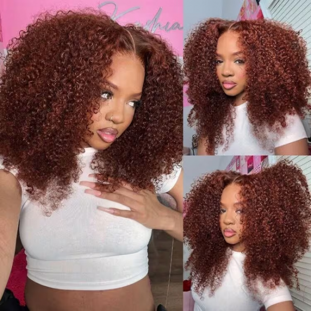 22'' $189 Reddish Brown Glueless Human Hair 6x4.5 Pre-Cut Glueless Kinky Curly Wig