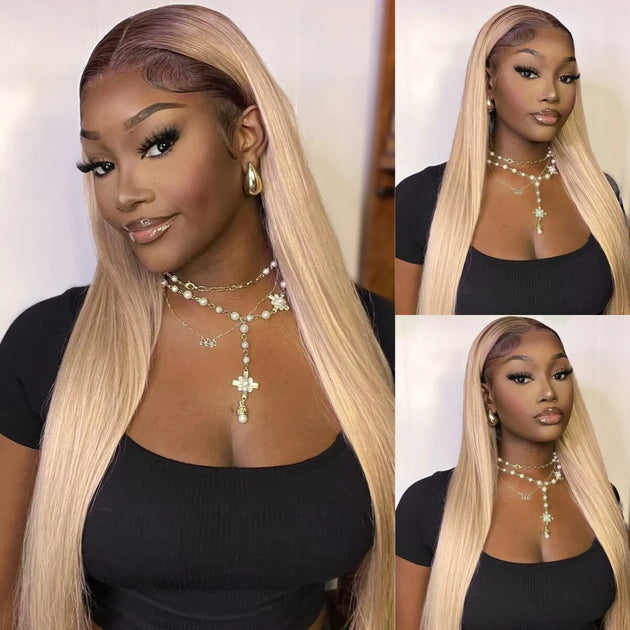 Ash Blonde Dark Root Straight 13x4 Transparent Lace Frontal