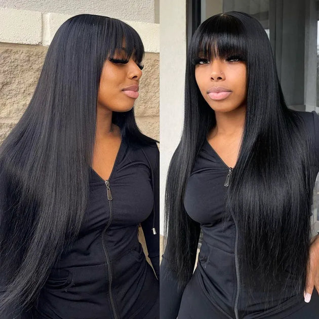 Long Human Hair Wig with Bangs, 4x4 Lace Scalp, Free Parting, Layered Style Curtain Bangs Wavy Layer Cut Glueless Wig Pre Cut Lace  main image 2