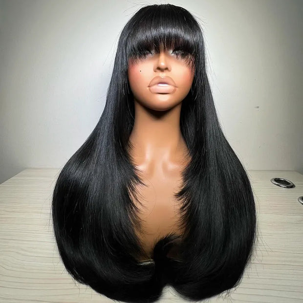 Layered Cut with Bangs 4x4 Transparent Lace Closure Wig Straight Human Hair 180% Density