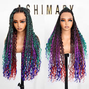 Rainbow Boho Curls Knotless Braided Wig Full Lace Frontal Multicolor Ombre Lightweight & Pre-Styled