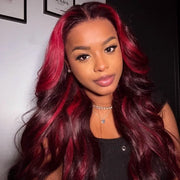 Highlight Red with Burgundy 99J Colored Body Wave Human Hair Wig Transparent Lace Front Wig Pre Plucked 13X6 Full Lace Frontal Wig Ashimary
