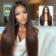 Yaki Straight Black Brown Ombre Half Wig With Drawstring Wear Go 3 in 1 Wig Flexible Fit Beginner Friendly