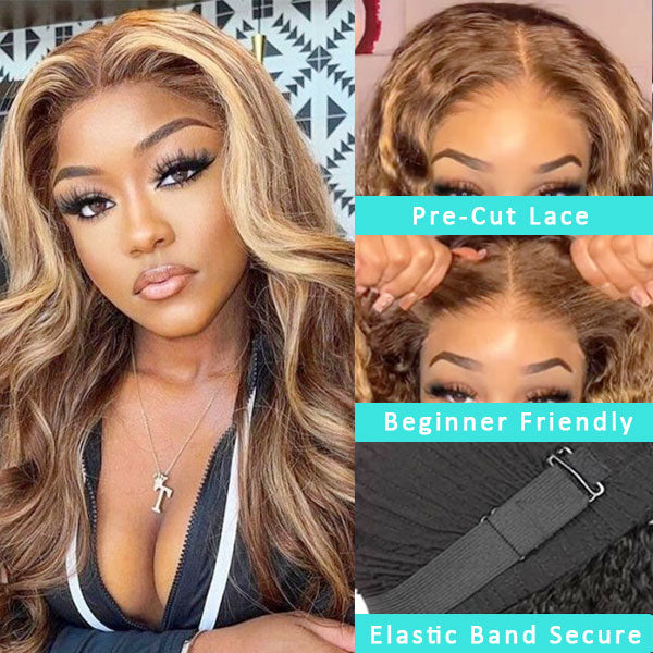 Ready to Wear Highlight Body Wave Glueless 13x4 HD Lace Wig with Pre Cut Lace & Bleached Knots