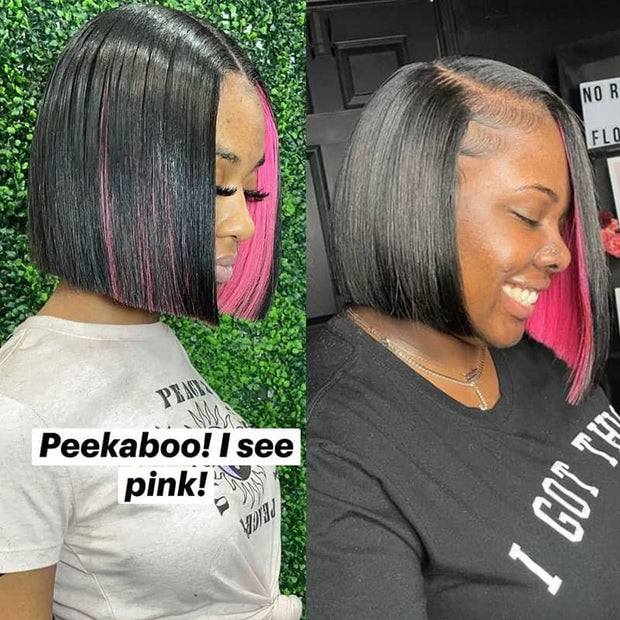 Hidden Color Bob Short Hair Peekboo Highlight Pink Transprant Lace Wig