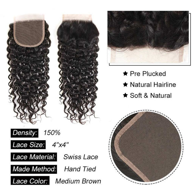 9A Deep Wave Virgin Hair 3 Bundles with Closure Natural Color Brazilian Hair - ashimaryhair