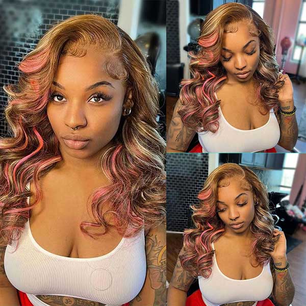 Pink Highlights In Brown Hair 13x4 HD Transparent Lace Wig