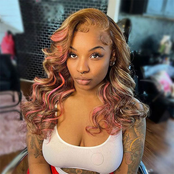Pink Highlights In Brown Hair 13x4 HD Transparent Lace Wig body wave