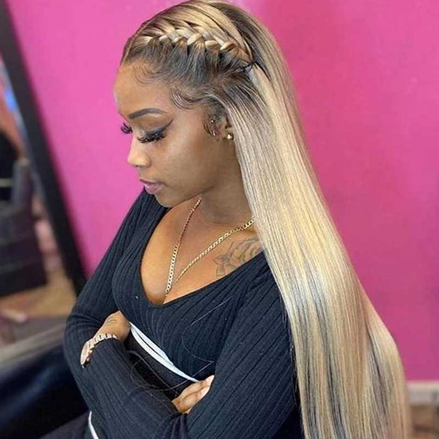 Wearing a blonde wig with dark hair top