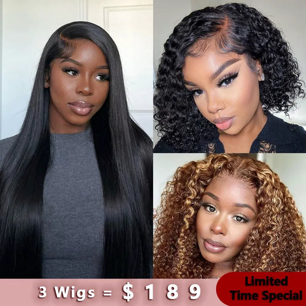 3Wigs = $189 | Glueless 4x4 Lace Closure Straight Wig + Bob Glueless 4x4 Lace Closure Kinky Curly Wig + Highlight 4/27 Bob Glueless Curly Wig