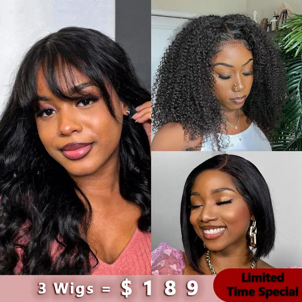 3Wigs = $189 | Glueless Throw on & Go Body Wave Wig with Bangs +  V-part Bob Kinky Curly Wig + Deep Side Part Glueless HD Transparent Lace Bob Straight Wig