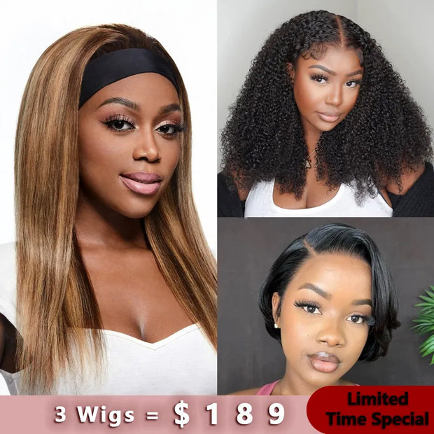 3Wigs = $189 | Highlight Color Glueless Headband Wig+Pixie Short Lace Wig+Kinky Curly Glueless Bob Wig