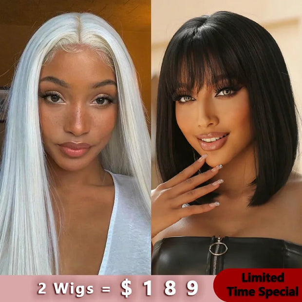 2Wigs = $189 |White Color 16" HD Transparent 4x4 Lace Closure Straight Wig+12'' BOB  2x1 Minimalist Lace Wig