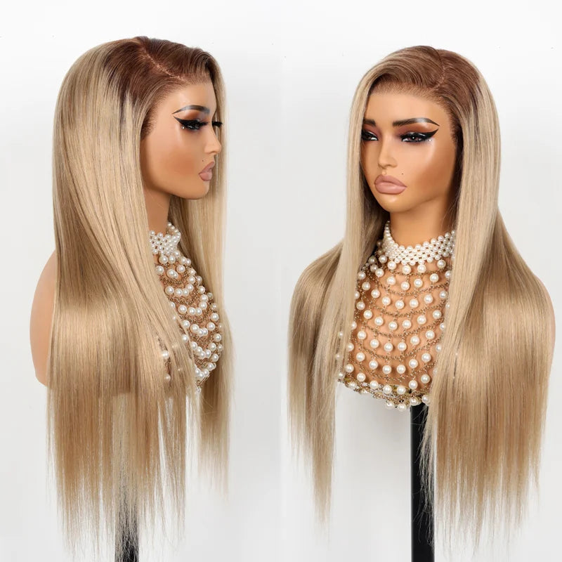 Ash Blonde Dark Root Straight 13x4 Transparent Lace Frontal
