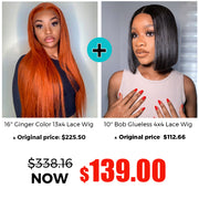 BOGO SALE: $139=16' Ginger Color 13x4 Lace Frontal Wig +Natural Color 10'' Bob Glueless 4x4 Closure Wig