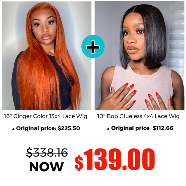 BOGO SALE: $139=16' Ginger Color 13x4 Lace Frontal Wig +Natural Color 10'' Bob Glueless 4x4 Closure Wig
