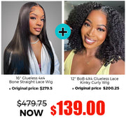 BOGO SALE: $139=Natural Color 16'' Straight Glueless 4x4 Closure Wig+12''BOB  Kinky Curly 4x4 Glueless Wig