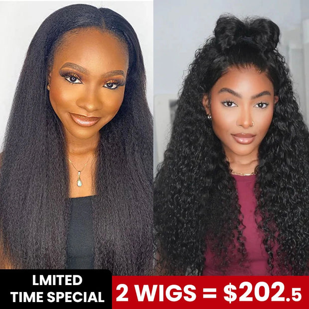 2 Wigs Set | 6x4.5 Lace HD Kinky Straight Wig with Pre-cut Lace + 360 Lace Water Wave Wig with No Cut Lace