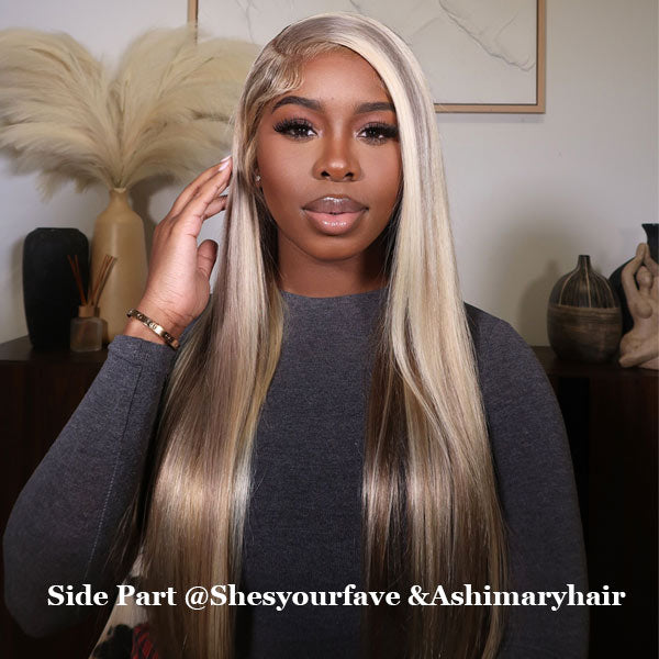 Customized Blonde Balayage on Brown Hair Transparent 13x4 Lace Frontal Wig Ashimary Hair
