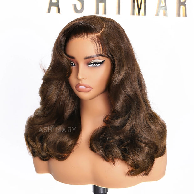 Glueless Pre-Styled Body Wave  Bob Wig Chocolate Brown Ready To Go Layer Wavy Human Hair Wig With Baby Hair