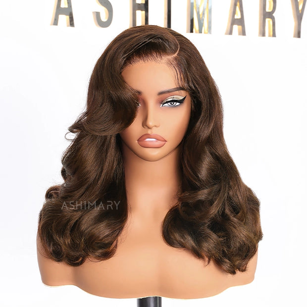 Glueless Pre-Styled Body Wave  Bob Wig Chocolate Brown Ready To Go Layer Wavy Human Hair Wig With Baby Hair