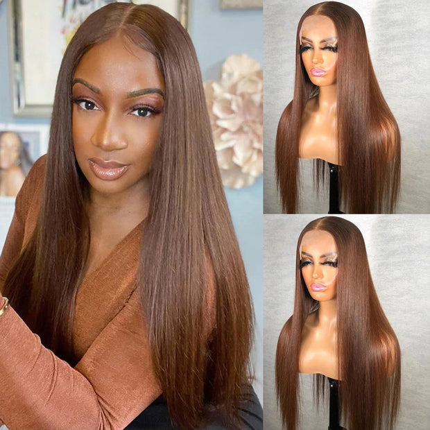 Chestnut Brown 4*4 13*4 13*6 Lace Wigs Pre-plucked 4# Straight Human Hair Front Wigs Luxurious Customization