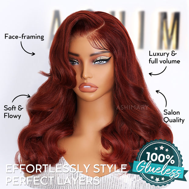 Reddish Brown Pre-Styled Body Wave Glueless Layer Wavy Bob Wig Transparent Lace Ready To Go Wigs
