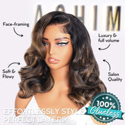 Honey Brown Highlight Pre-Styled Bouncy Body Wave Ready To Go Glueless Layer Wavy Bob Wig With Baby Hair