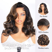Honey Brown Highlight Pre-Styled Bouncy Body Wave Ready To Go Glueless Layer Wavy Bob Wig With Baby Hair