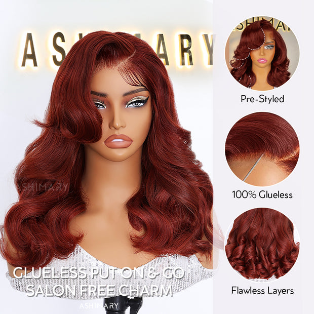 Reddish Brown Pre-Styled Body Wave Glueless Layer Wavy Bob Wig Transparent Lace Ready To Go Wigs