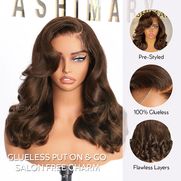 Glueless Pre-Styled Body Wave  Bob Wig Chocolate Brown Ready To Go Layer Wavy Human Hair Wig With Baby Hair
