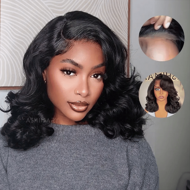 Partial Body Wave Pre-Styled Right Side Part Body Wave Short Bob Wig Transparent Lace Hu ...