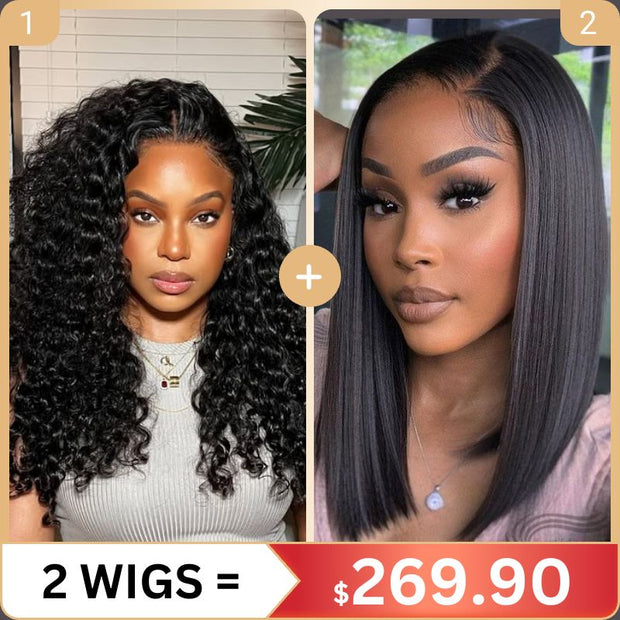 2 Wigs Set | 10x6 Lace Water Wave Wig with Pre-cut Lace + 13x6 Lace Transparent Yaki Straight Bob Wig with Pre-cut Lace