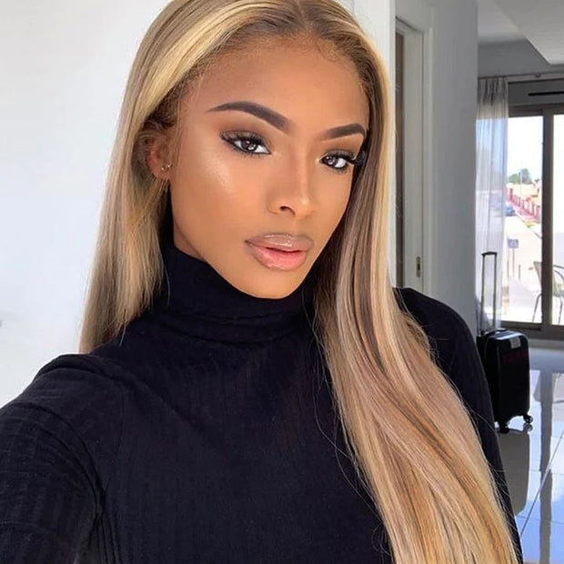 Customized Blonde Balayage on Brown Hair Transparent 13x4 Lace Frontal Wig Ashimary Hair