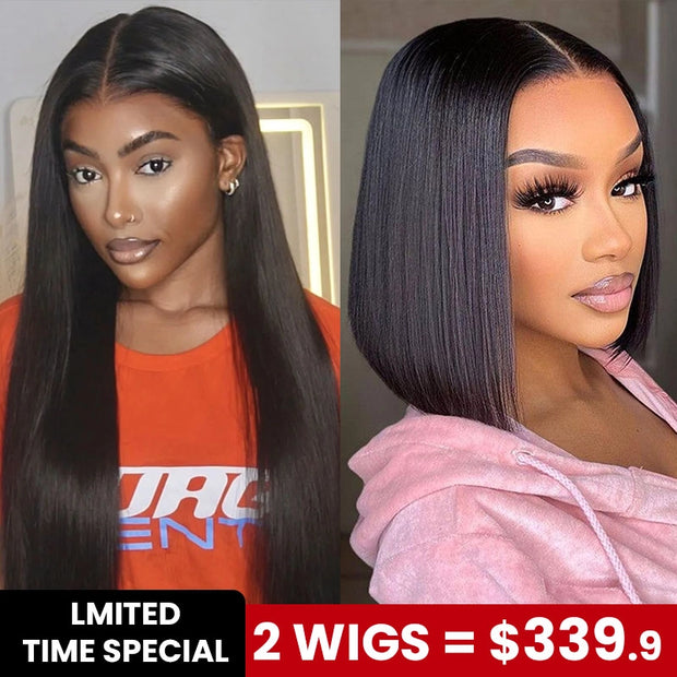 2 Wigs Set | 10x6 Lace Straight Wig with Pre-cut Lace + 4x4 Lace Transparent Straight Bob Wig with Pre-cut Lace