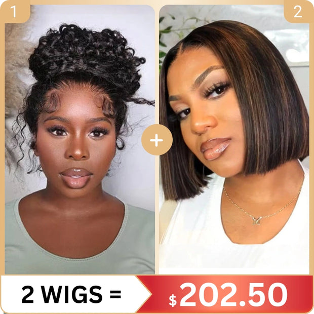 2 Wigs Set | Invisi strap 360 Lace Kinky Curly Wig with Pre-cut Lace + 4x4 Lace yaki straight highlight Bob wig With Pre-cut Lace