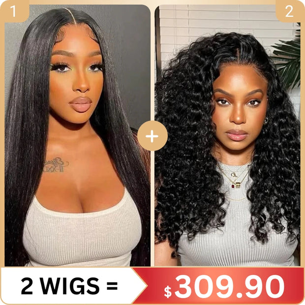 2 Wigs Set | 13x4 Lace Yaki Straight Wig with Pre-cut Lace + 10x6 Lace Water Wave Wig with Pre-cut Lace
