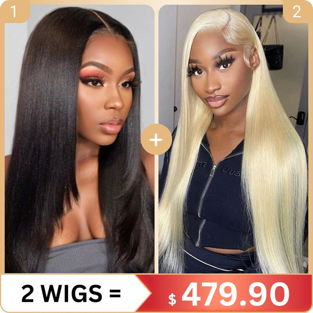 2 Wigs Set | 6x4.5 Lace Layer Yaki Straight Bob Wig with Pre-cut Lace + 13x6 Transparent Lace Blonde Straight Wig