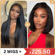 2 Wigs Set | 10x6 Lace Straight Wig with Pre-cut Lace + 13x6 Transparent Lace Yaki Straight Bob Wig with Pre-cut Lace