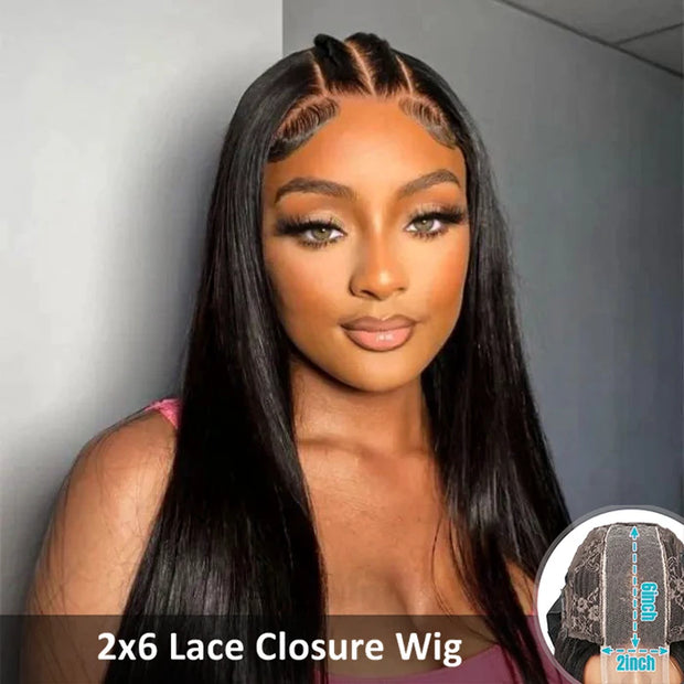 2x6 Lace Closure Wig Straight Deep Part Human Hair Wig Transparent Lace for All Skin