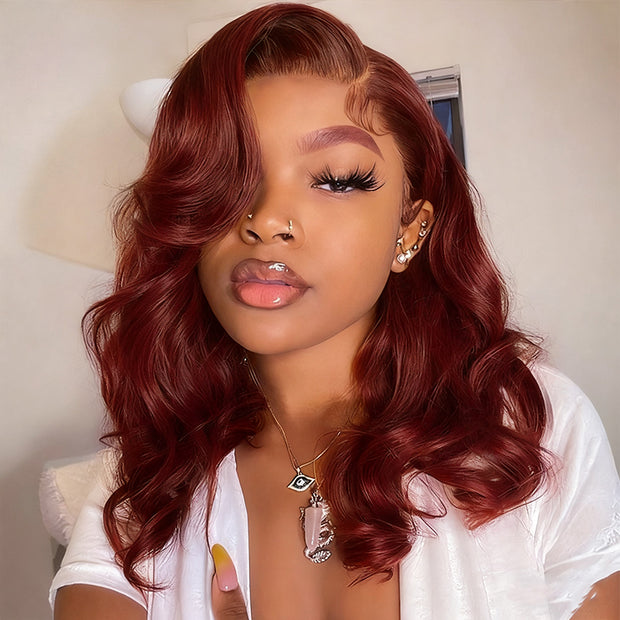 Reddish Brown Pre-Styled Body Wave Glueless Layer Wavy Bob Wig Transparent Lace Ready To Go Wigs