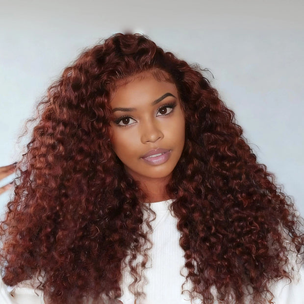 Reddish Brown Kinky Curly Invisi Strap Snug Fit 360 Melting Lace Frontal Bleached Knots Glueless Lace Wig