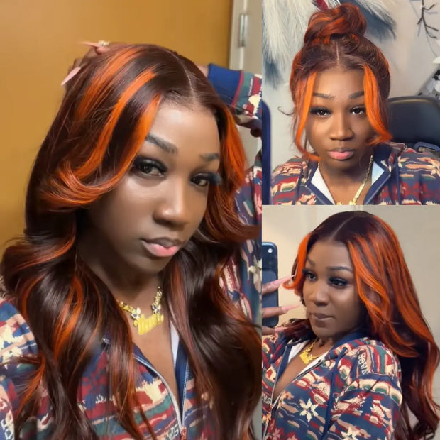 Salon Layer Cut Ginger Highlights On Brown Hair 360 Lace Frontal Invisi Strap Skin Lace InvisiDrawstring Snug Fit Body Wave Human Hair Wig