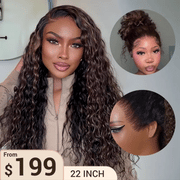 Water Wave 360 Lace Frontal Wig with Invisi Strap Brown Balayage Highlight Adjustable Fit Pre-Bleached and Pre-Cut Skin Lace