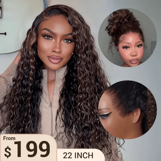 Water Wave 360 Lace Frontal Wig with Invisi Strap Brown Balayage Highlight Adjustable Fit Pre-Bleached and Pre-Cut Skin Lace