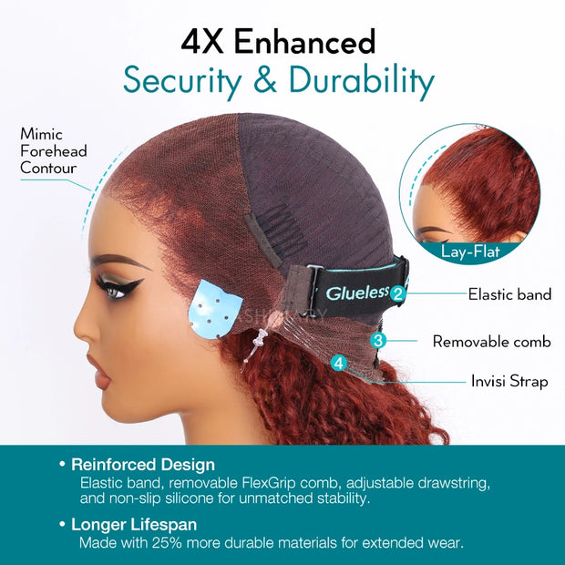 Reddish Brown Kinky Curly Invisi Strap Snug Fit 360 Melting Lace Frontal Bleached Knots Glueless Lace Wig